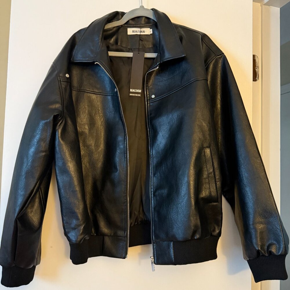 REALTAKAI BLACK FAUX LEATHER JACKET, SIZE XL